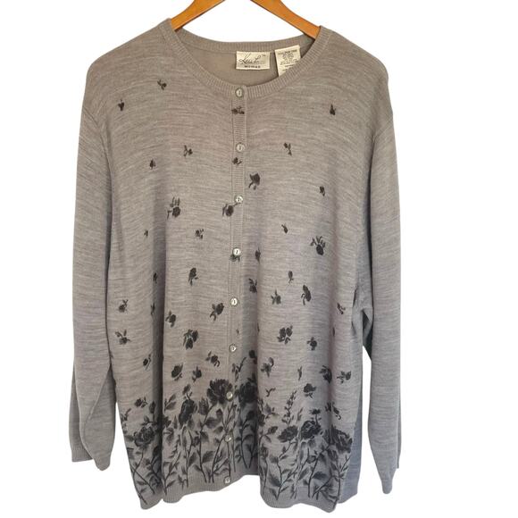 Kathie Lee Ramie Wool Blend Gray Floral Print Cardigan Button Front Size 26/28W - Picture 1 of 7